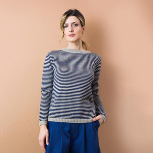 MAGLIA EDERA. ALPACA. RIGHE BLUE INDACO E BEIGE